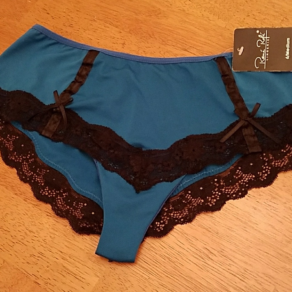 Blue panties with black lace.
